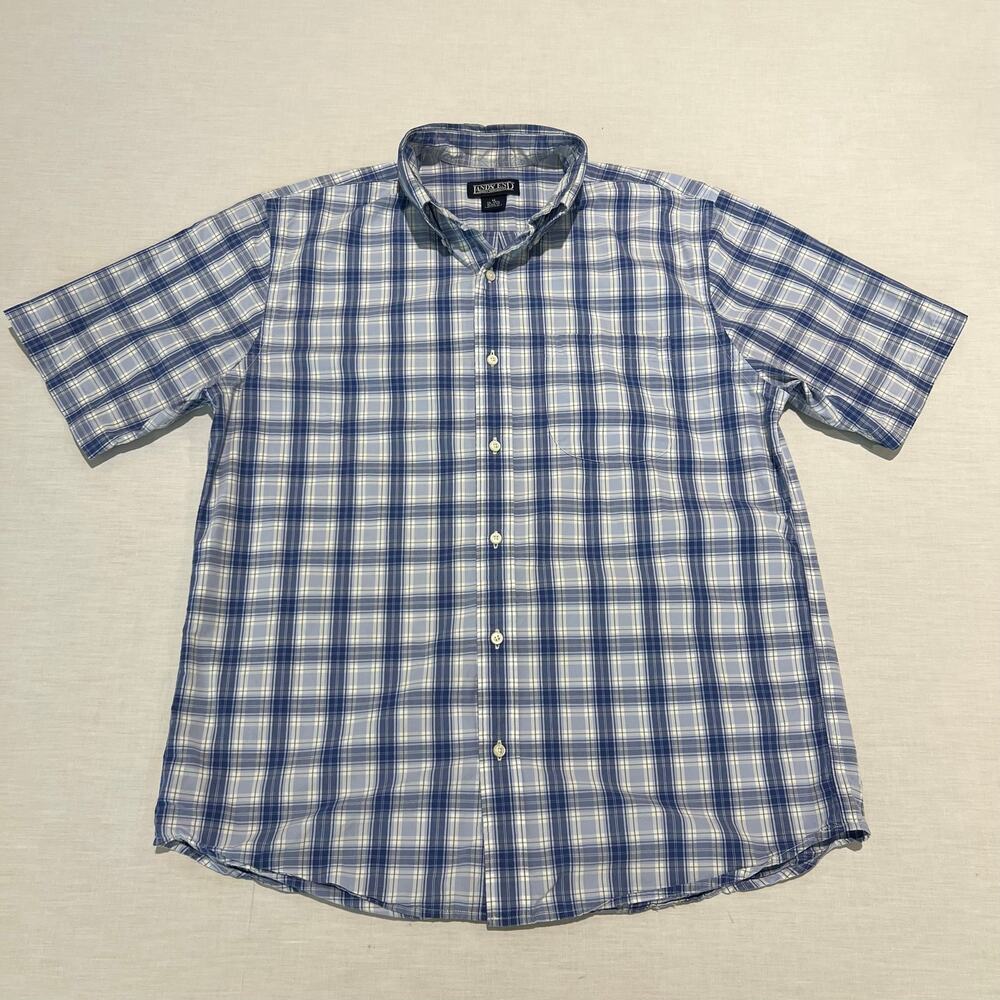 Lands End Short Sleeve Button Down Shirt Blue White Plaid Checkered Sz M